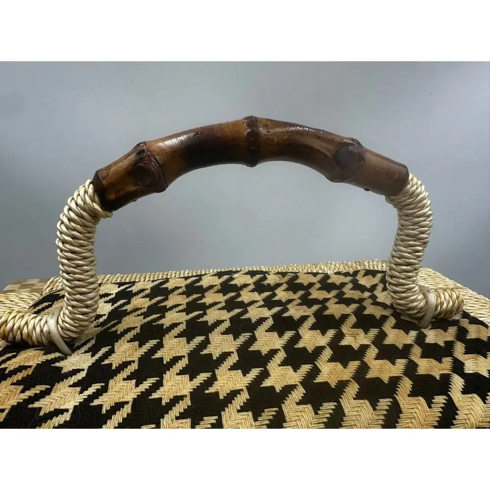 Vintage Singer Sewing Basket Houndstooth Bamboo Handle Box